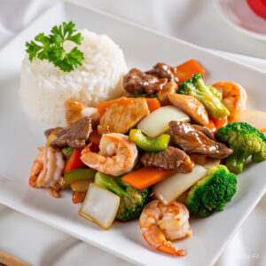 FR4 - House Special Stir Fry with Beef, Chicken, Shrimp, Mixed Vegetables & Steamed Rice