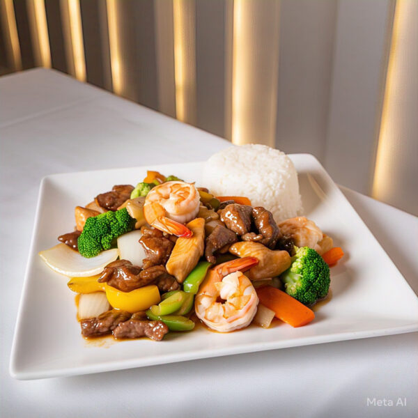 FR4 - House Special Stir Fry with Beef, Chicken, Shrimp, Mixed Vegetables & Steamed Rice
